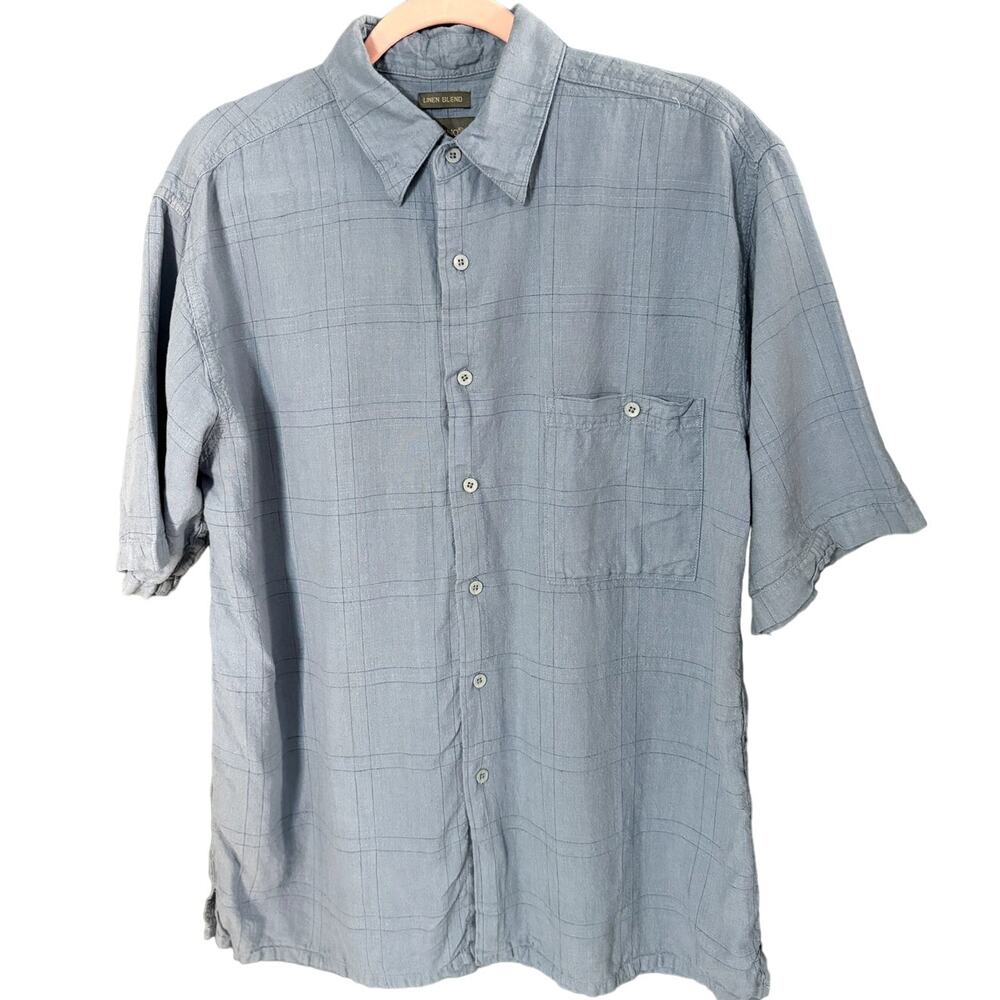 Bruno Men's Size Large Linen Blend Blue Button Up Short Sleeve Shirt